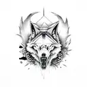 black and white howling wolf head with skull and black dhalia flowers on the base of it's neck and flying bats and crow  tattoo design idea