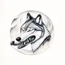 black and white howling wolf head with skull and black dhalia flowers on the base of it's neck and flying bats and crow  tattoo design idea