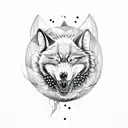 black and white howling wolf head with skull and black dhalia flowers on the base of it's neck and flying bats and crow  tattoo design idea