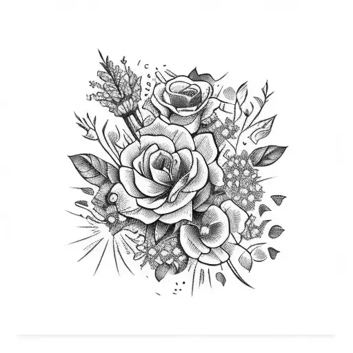 A bouquet of wildflowers with a hidden message in block letters tattoo design idea