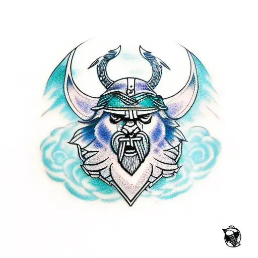 Odin’s vikings head with his good eye having a teal blue glow and with his ravens on either side of his head with a bear tattoo design idea