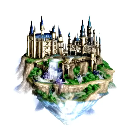 A magical Hogwarts castle surrounded by waterfalls with Pokémon characters flying above tattoo design idea