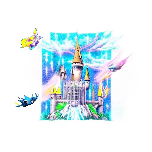A magical Hogwarts castle surrounded by waterfalls with Pokémon characters flying above tattoo design idea