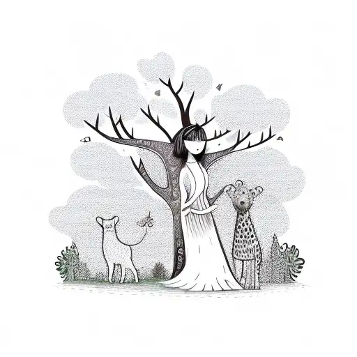 tree hugging girl with animals tattoo design idea