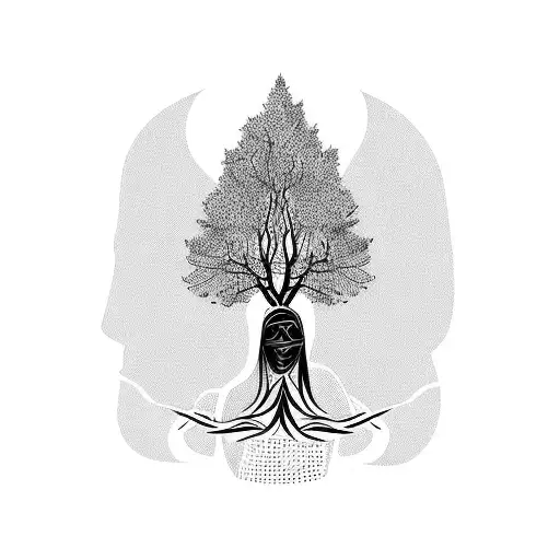 tree hugging girl with animals tattoo design idea