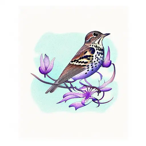 song thrush bird with purple lilly in mouth tattoo design idea