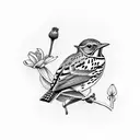 song thrush bird with purple lilly in mouth tattoo design idea