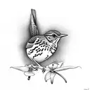 song thrush bird with purple lilly in mouth tattoo design idea