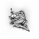 song thrush bird with purple lilly in mouth tattoo design idea