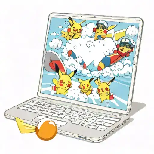 a computer screen with an image of pikachu Snowboarding, a skydiver, an 8-ball pool, a beer and a rugbybal   tattoo design idea