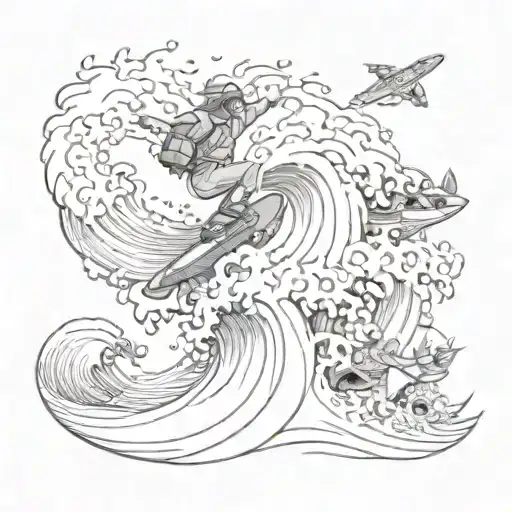 A snowboarder riding a wave of beer with pokémon characters surfing alongside tattoo design idea