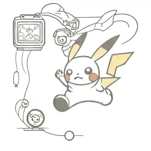 computer screen with pikachu Snowboarding, a skydiver in the background, an 8-ball pool, a beer and a rugbyball tattoo design idea