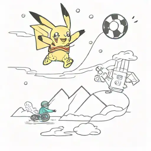 a computer screen with pikachu Snowboarding, a skydiver in the background, an 8-ball pool, a beer and a rugbybal, in it  tattoo design idea