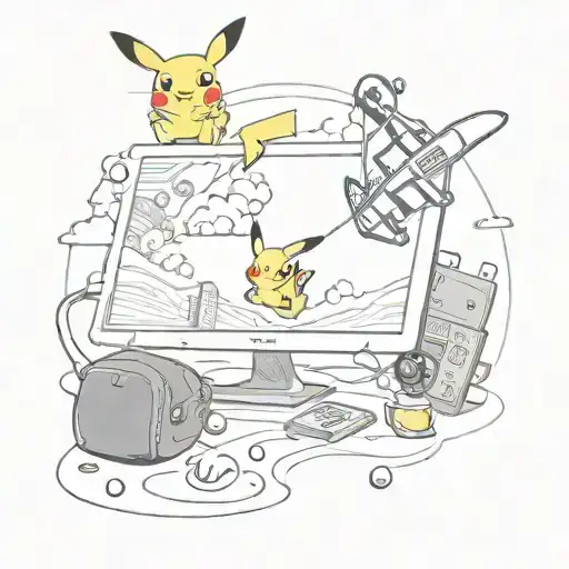 computer screen with pikachu Snowboarding, a skydiver in the background, 8-ball pool, beer, rugbyball tattoo design idea