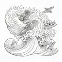 A snowboarder riding a wave of beer with pokémon characters surfing alongside tattoo design idea