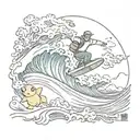 A snowboarder riding a wave of beer with pokémon characters surfing alongside tattoo design idea