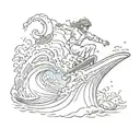 A snowboarder riding a wave of beer with pokémon characters surfing alongside tattoo design idea