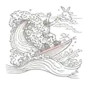 A snowboarder riding a wave of beer with pokémon characters surfing alongside tattoo design idea