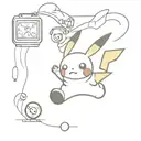 computer screen with pikachu Snowboarding, a skydiver in the background, an 8-ball pool, a beer and a rugbyball tattoo design idea