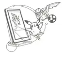 computer screen with pikachu Snowboarding, a skydiver in the background, an 8-ball pool, a beer and a rugbyball tattoo design idea