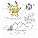 a computer screen with pikachu Snowboarding, a skydiver in the background, an 8-ball pool, a beer and a rugbybal, in it  tattoo design idea