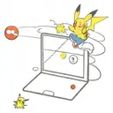 a computer screen with pikachu Snowboarding, a skydiver in the background, an 8-ball pool, a beer and a rugbybal, in it  tattoo design idea