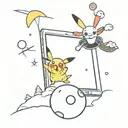 a computer screen with pikachu Snowboarding, a skydiver in the background, an 8-ball pool, a beer and a rugbybal, in it  tattoo design idea