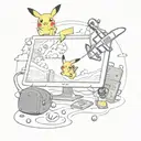 computer screen with pikachu Snowboarding, a skydiver in the background, 8-ball pool, beer, rugbyball tattoo design idea
