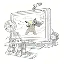 computer screen with pikachu Snowboarding, a skydiver in the background, 8-ball pool, beer, rugbyball tattoo design idea