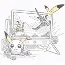 computer screen with pikachu Snowboarding, a skydiver in the background, 8-ball pool, beer, rugbyball tattoo design idea