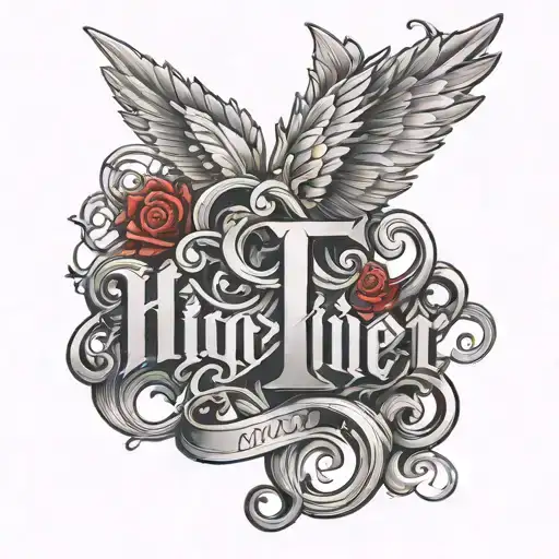 Higher written in capital letters in red ink  tattoo design idea