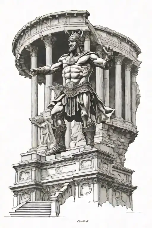 coliseum gladiator standing triumphantly atop stairs tattoo design idea