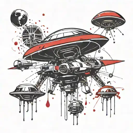 1of1 in red writing. under it draw a ufo beaming  tattoo design idea
