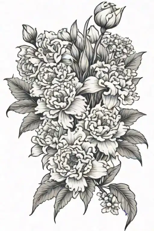carnation, iris, daisy, and chrysanthemum bouquet tattoo design idea