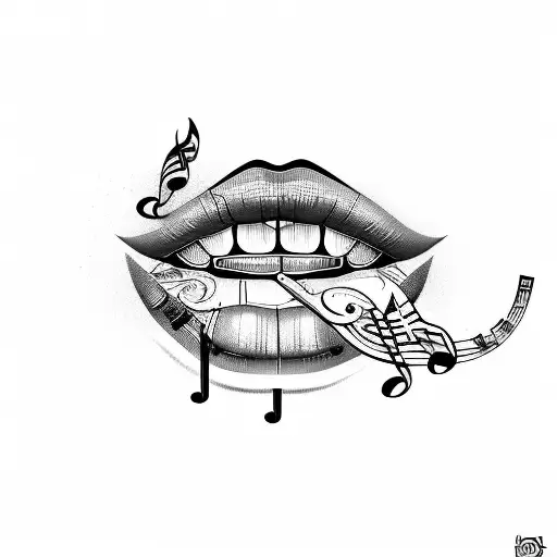 A new-school design featuring colorful lips with musical notes as the lipstick tattoo design idea