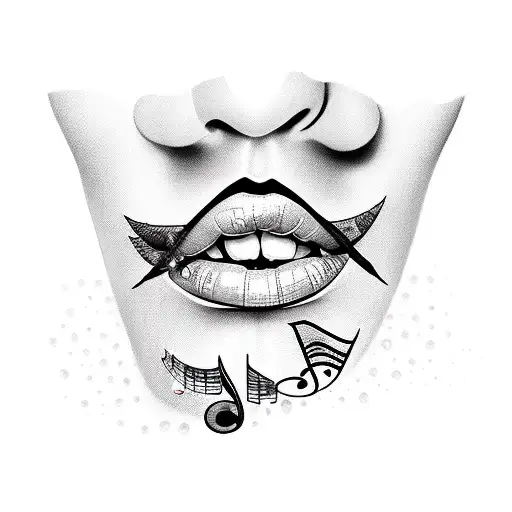 A new-school design featuring colorful lips with musical notes as the lipstick tattoo design idea