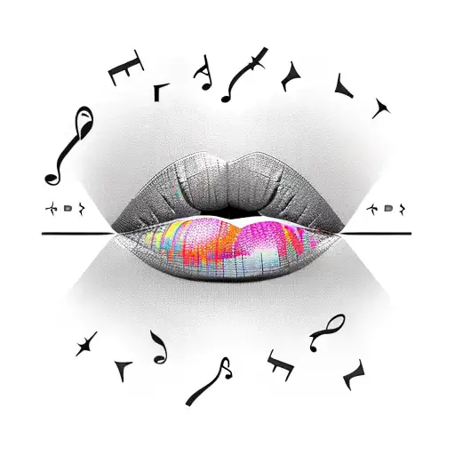 A new-school design featuring colorful lips with musical notes as the lipstick tattoo design idea