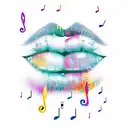 A new-school design featuring colorful lips with musical notes as the lipstick tattoo design idea