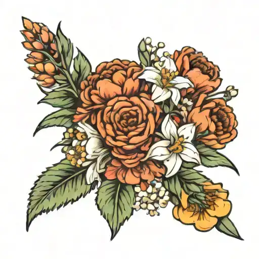 bouquet with carnation, daffodils, lily of the valley, aster, marigold, Chrysanthemum, and poppy tattoo design idea