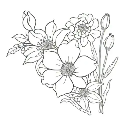 bouquet with poppy, Chrysanthemum, carnation, lily of the valley, aster, marigold, daffodils,  tattoo design idea