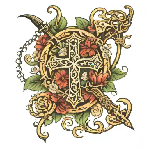 An intricate design of a fishing hook intertwined with delicate vines of flowers and scripture of god with a cross  tattoo design idea