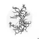 thriving, long climbing vine plant nestled in an ornate pot tattoo design idea