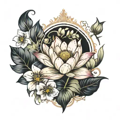 water lily, pansies, capricorn symbol tattoo design idea