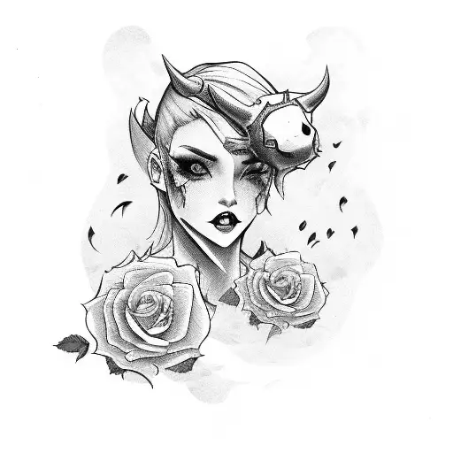 female devil with money signs around her, and roses on both sides of her tattoo design idea