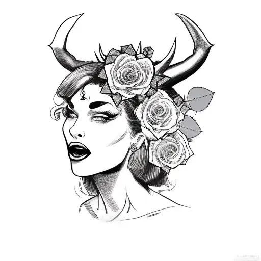 female devil with money signs around her, and roses on both sides of her tattoo design idea