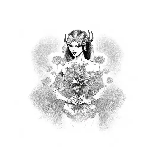 female devil with money signs around her, and roses on both sides of her tattoo design idea