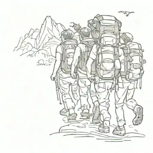 A sketch tattoo of a group of friends hiking together, with each person carrying a different travel memento tattoo design idea