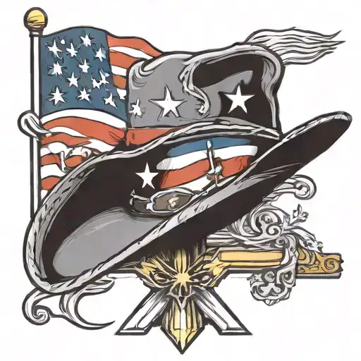 cowboy hat sitting at the top of a cross and American flag intertwined tattoo design idea