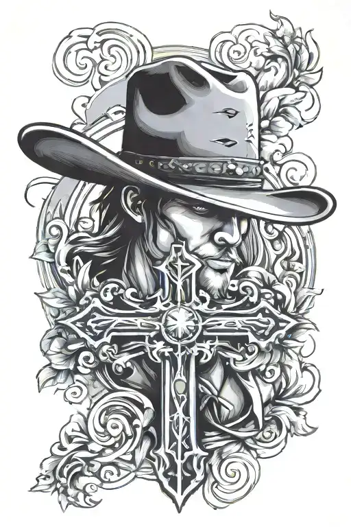 cross and cowboy hat tattoo design idea