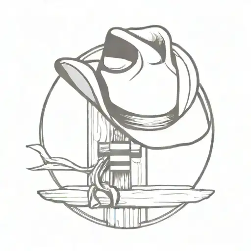 cowboy hat sitting at the top of a wooden cross and American flag intertwined tattoo design idea